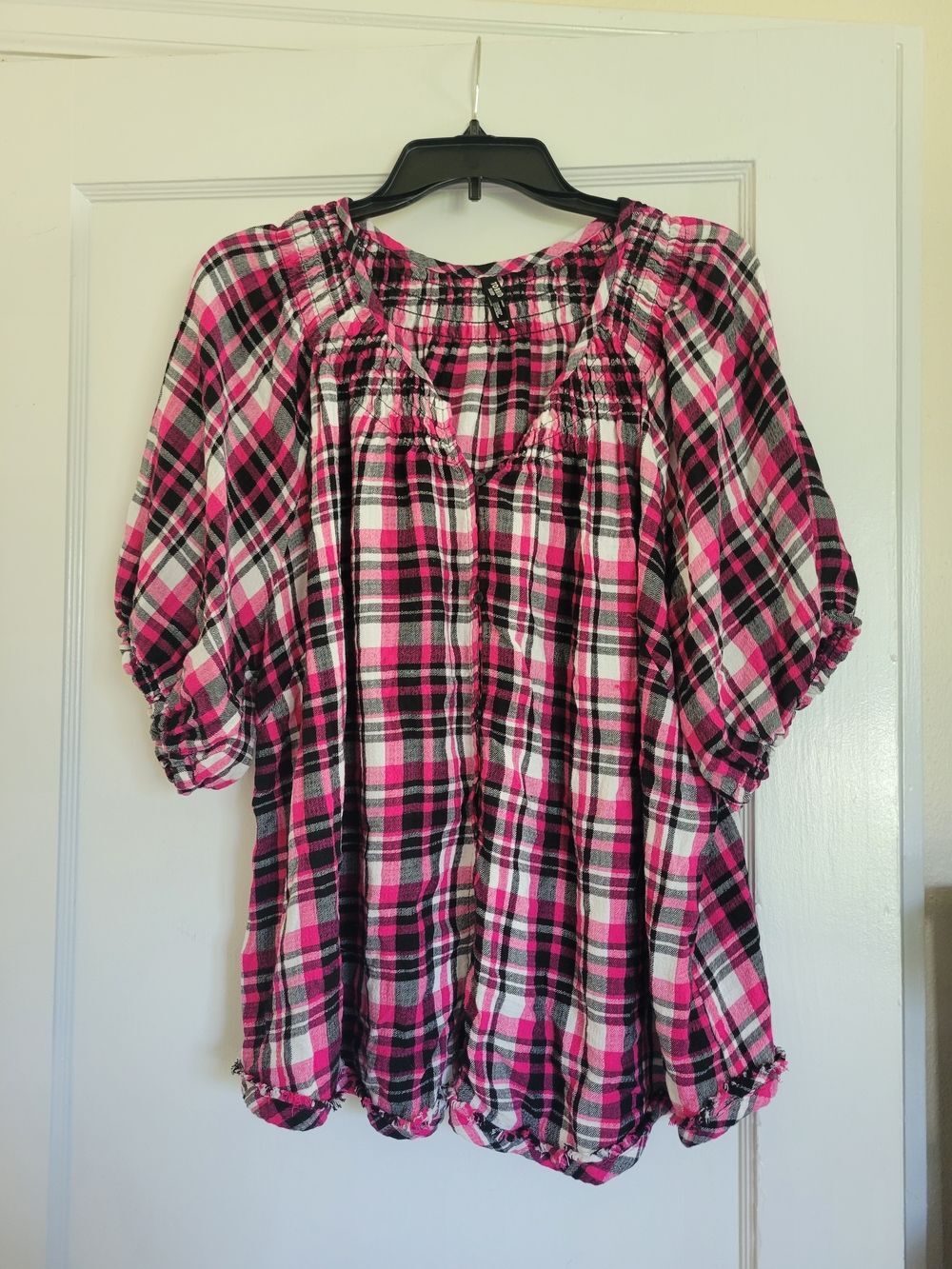 Torrid Sleep Pink & Black Plaid Peasant Blouse